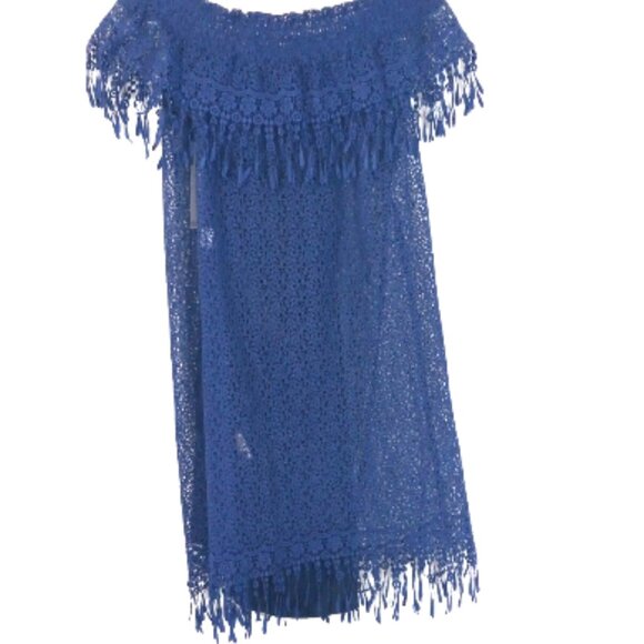 Elie Tahari Dress Blue Size 4 NWT Crochet Off Shoulder Tank Overlay MSRP $398 - Picture 3 of 14